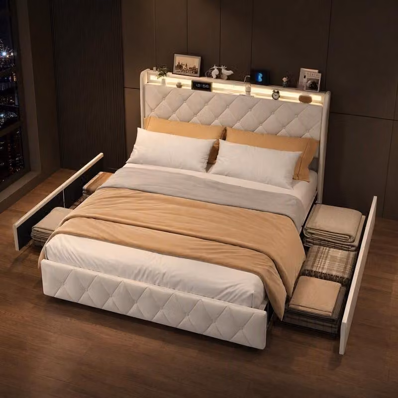 Letto imbottito ProximaX, 160 x 200 cm, rivestito in velluto, con struttura a letto matrimoniale, 4 cassetti scorrevoli, illuminazione LED, vano portaoggetti nella testiera, prese USB e USB-C, e rete a doghe