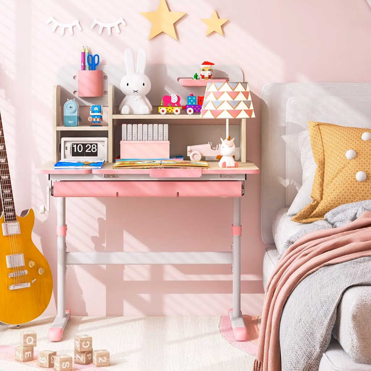 Set scrivania e sedia da studio Costway per bambini, tavolo regolabile in altezza e sedia girevole in rete, colore rosa
