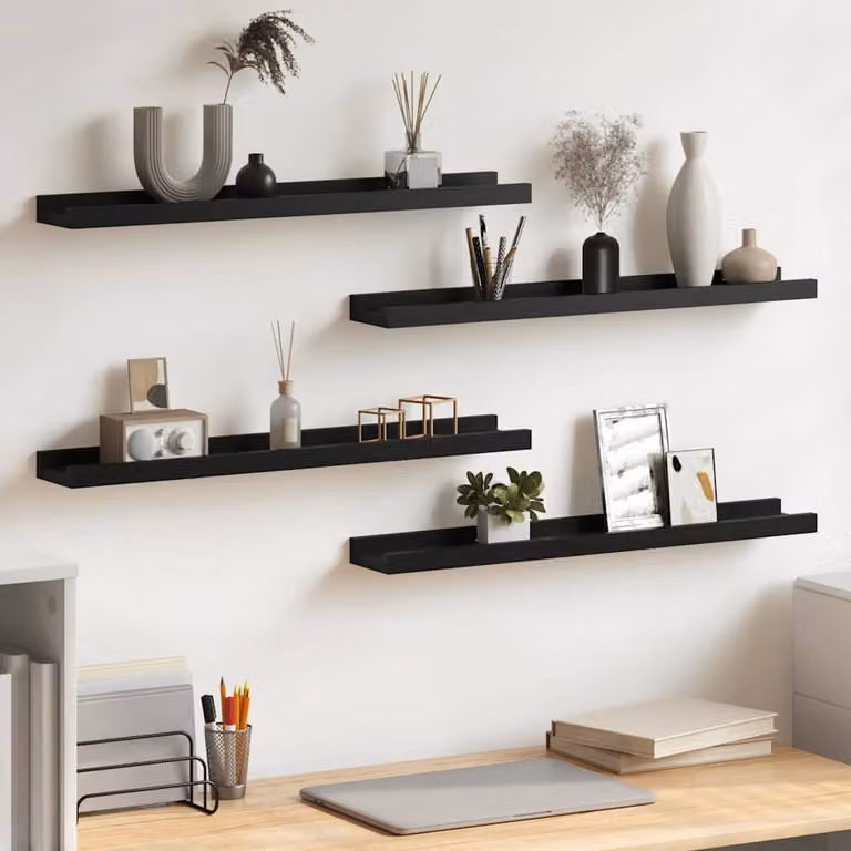 Set di 4 mensole da parete vidaXL in MDF nere, design minimalista, L: 60 cm, P: 9 cm, H: 3 cm