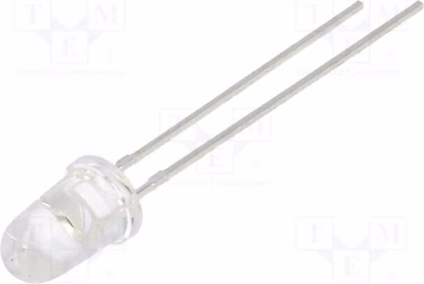 2 emettitori a infrarossi, lunghezza d'onda 850nm, diametro 5mm, trasparenti, angolo di emissione 30°, montaggio a traversa (THT), potenza 150mW, potenza radiata 7,8÷15mW/sr, modello LL-503SIRC2E-1BD, informazioni aggiuntive