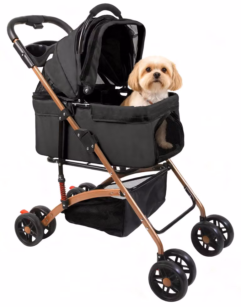 Carrello per animali domestici - Passeggino per cani, passeggino per gatti - 4 ruote girevoli con freno - Capacità di carico: 30 kg - Adatto per cani e gatti di piccola e media taglia - Struttura rimovibile - Cestello portaoggetti con cuscino - Colore: ne