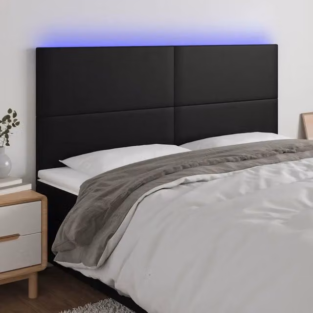Testiera con LED Design Mania in Similpelle Nera con Porta USB e Illuminazione Integrata L: 200 cm, P: 5 cm, H: 118/128 cm