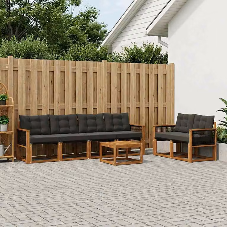 Set di divani da esterno vidaXL 7 pz in legno di acacia con tavolino e cuscini beige e nero