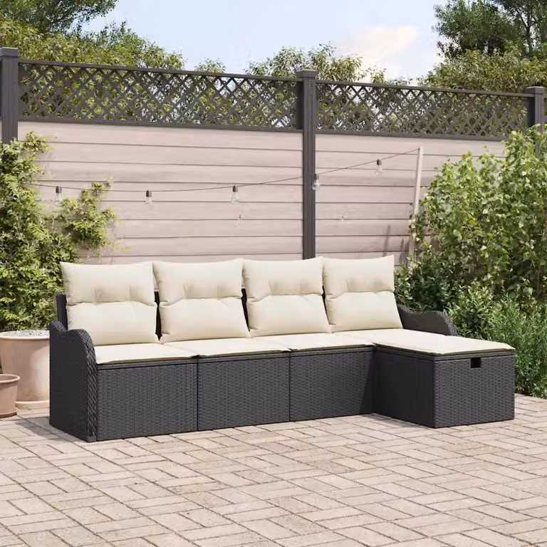 Set Divano da Giardino vidaXL 5 Pezzi a Forma di L in Poly Rattan Nero con Cuscini e Ottoman