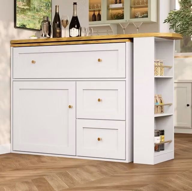 Tavolo bar allungabile 138-204x39x105 cm con spazio contenitore e rotazione 360°; in MDF e metallo bianco