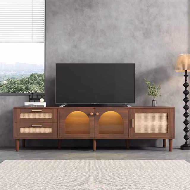 Mobile porta tv 180 cm marrone per 80 pollici con luci LED e cassetti in rattan