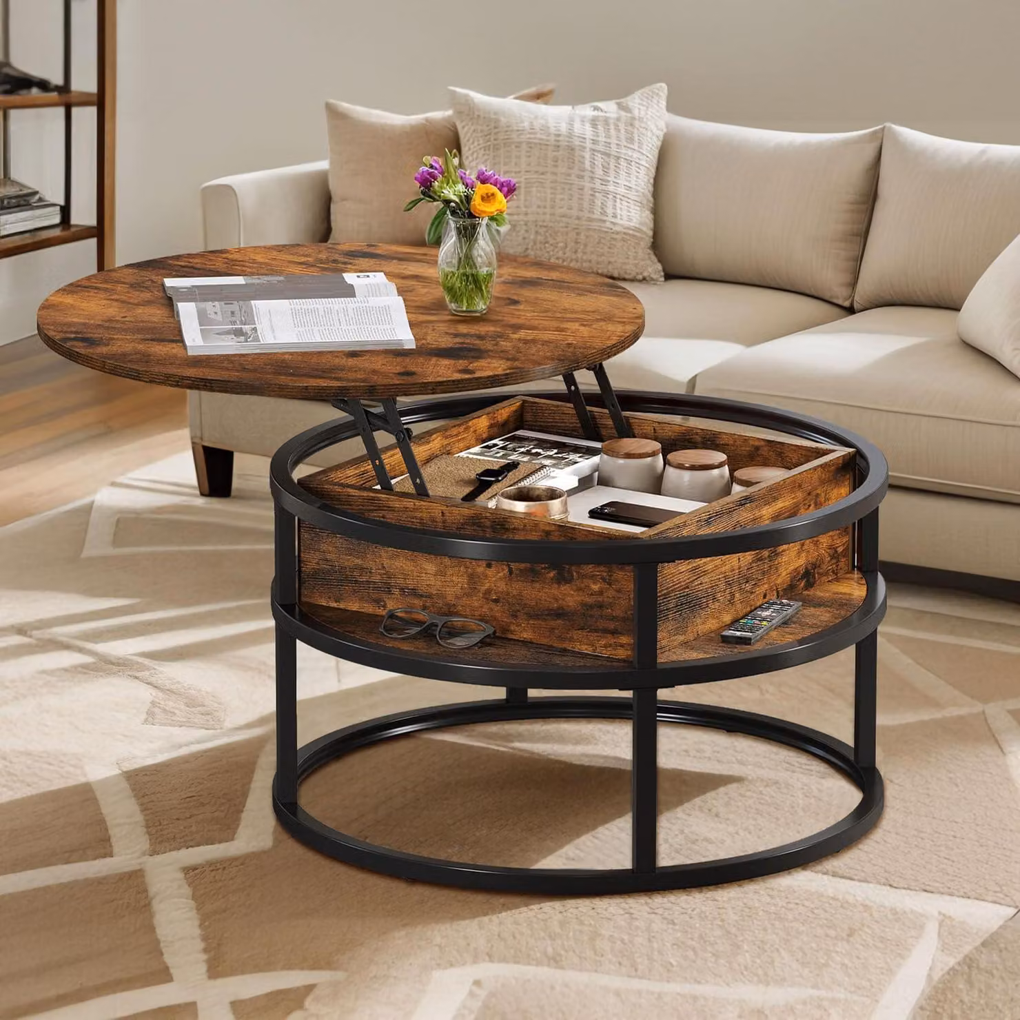 Tavolino da caffè, altezza regolabile, stile rustico, colore marrone, materiali: legno e ferro