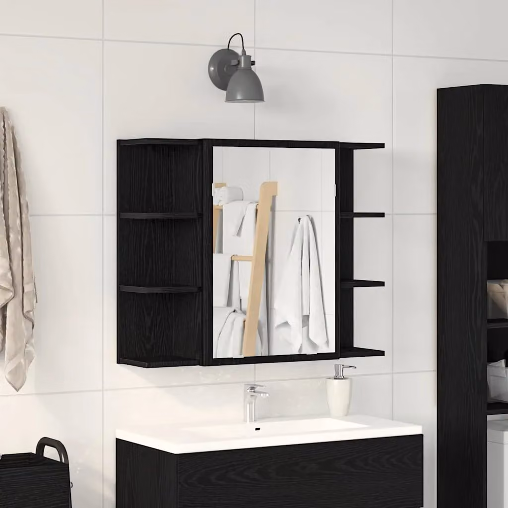 Mobiletto per specchio da bagno vidaXL in MDF nero opaco con specchio e ripiani interni L: 80 cm, P: 20,5 cm, H: 64 cm