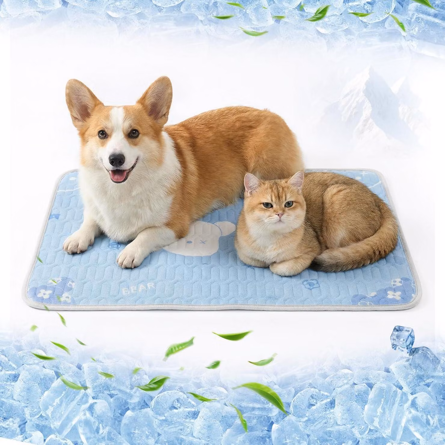 Tappetino refrigerante per cani, 50x40 cm, auto-raffreddante, blu, in tessuto simile al lino/lattice, antiscivolo