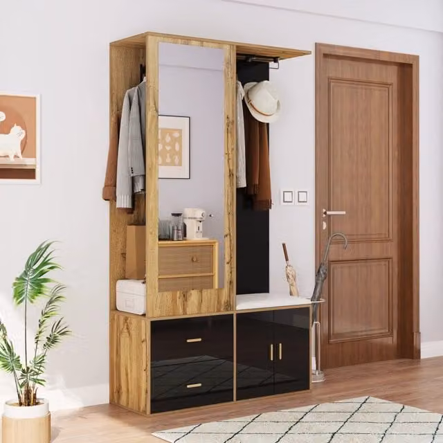 Mobile da ingresso con specchio, panca imbottita e scarpiera per 8-12 paia, nero e naturale, 100 × 38 × 180 cm