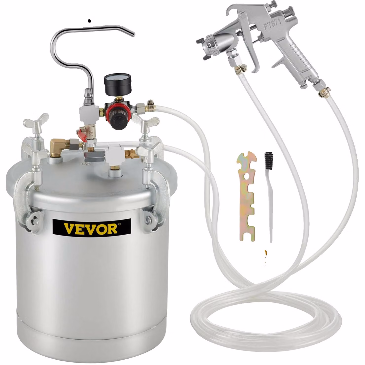 Serbatoio di vernice pressurizzato, capacità 2,5 galloni, pressione di esercizio della pistola a spruzzo 45-60 PSI, larghezza del getto 7,1-9,1 pollici, consumo d'aria 6,0-8,8 CFM, pressione di esercizio ottimale 25-30 PSI