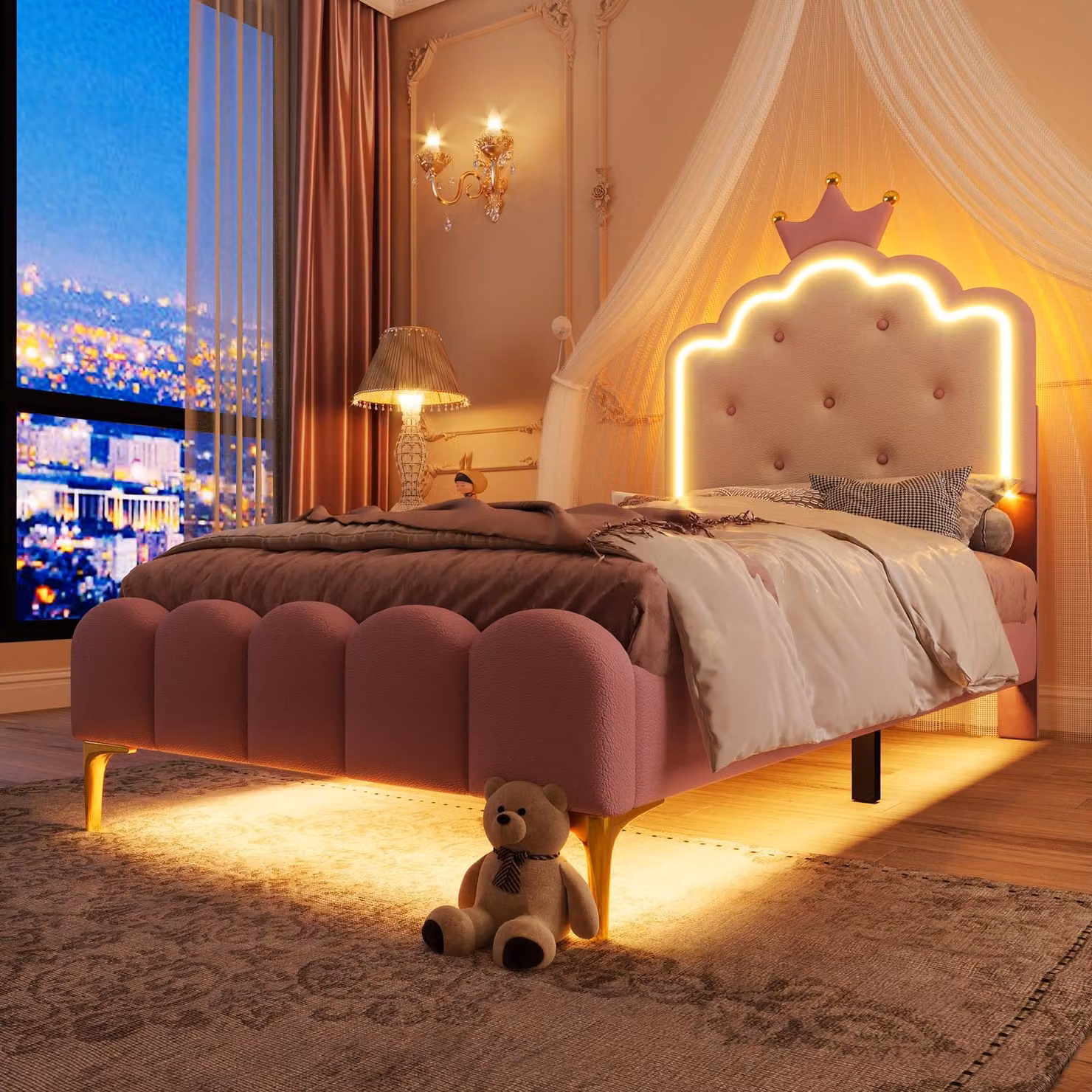 Letto imbottito Merax 90x200 cm, con LED, letto per bambini con design a , letto da principessa con gambe in metallo, rete a doghe, letto per ragazzi, letto piatto, PU, rosa