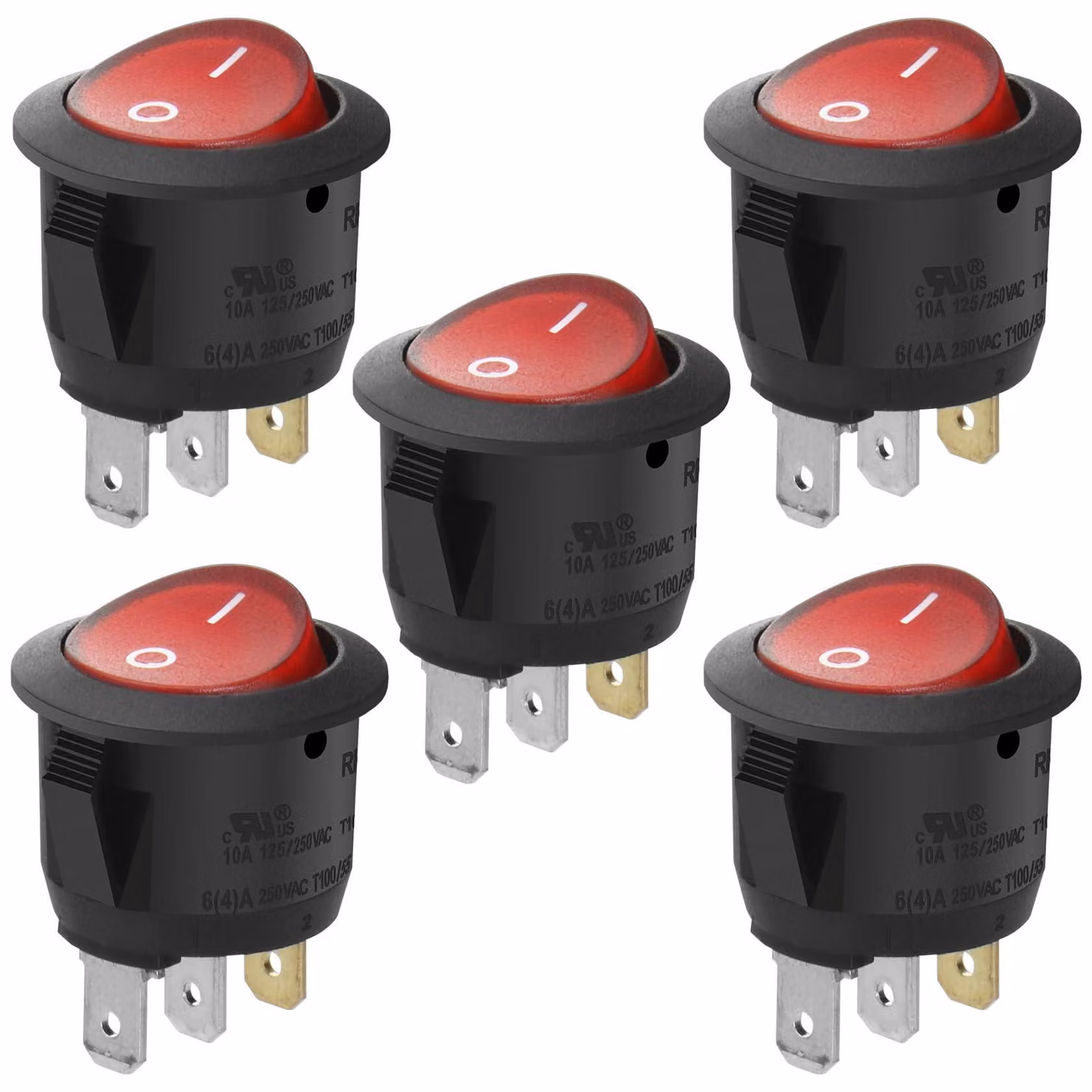 Interruttore a levetta, SPST, 10A 250V AC, con spia rossa, confezione da 5 pezzi.