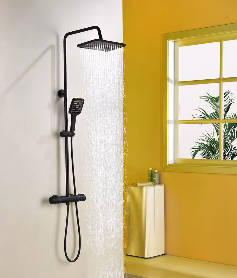 Sistema doccia con termostato, colore nero, set completo con soffione a pioggia di 30 x 20 cm