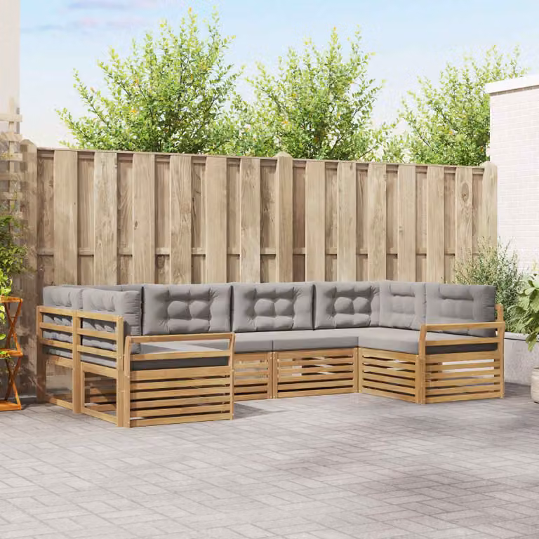 Set di divani da esterno vidaXL a forma di L composto da 6 pezzi in legno di acacia trattato, colore bianco e grigio chiaro