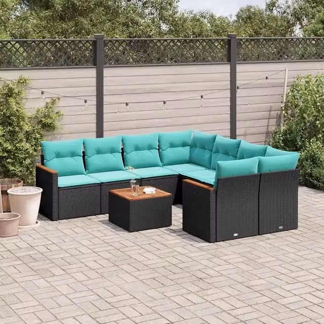 Set Divani da Giardino 9 pz con Cuscini Nero in Polyrattan 3225826