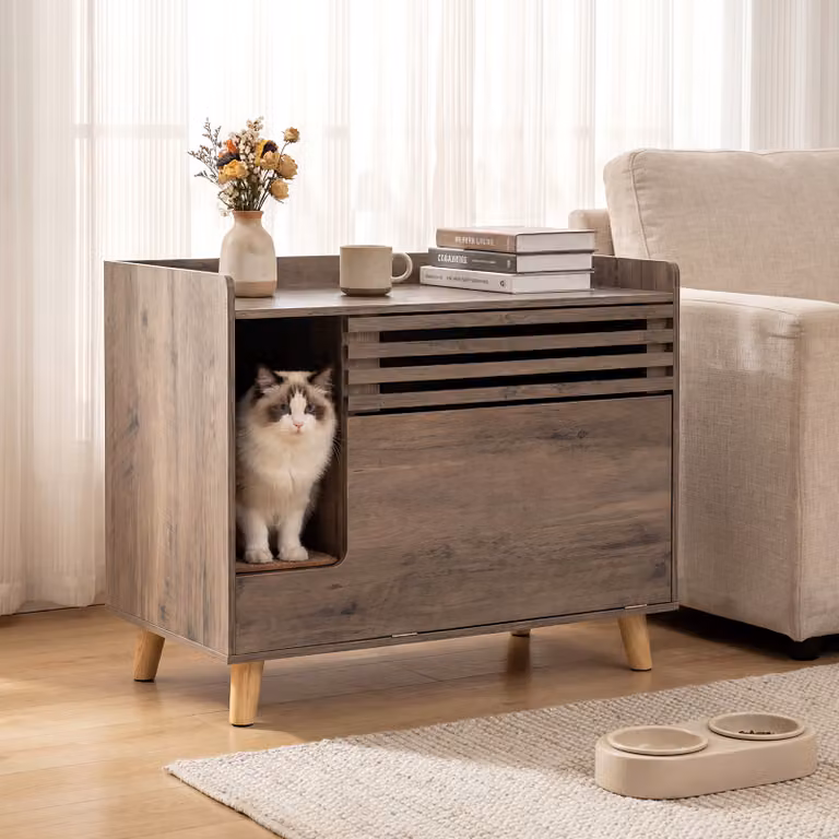 Costway Mobile porta lettiera per gatti in legno marrone con scomparti nascosti e piano superiore aperto