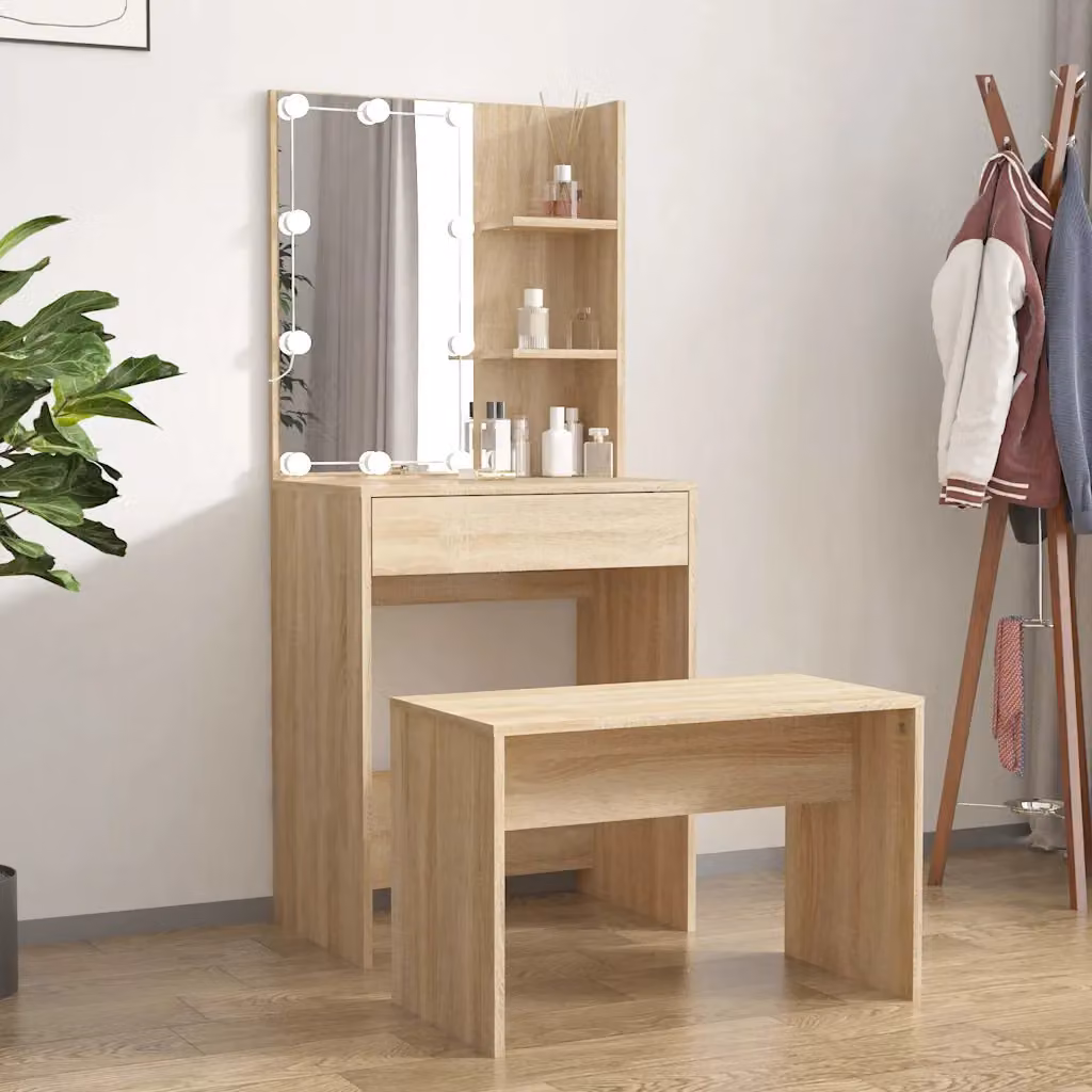 Set Tavolo da Toeletta con LED vidaXL in Rovere Sonoma e Legno Multistrato, L: 140 cm, P: 40 cm, H: 60 cm – 1