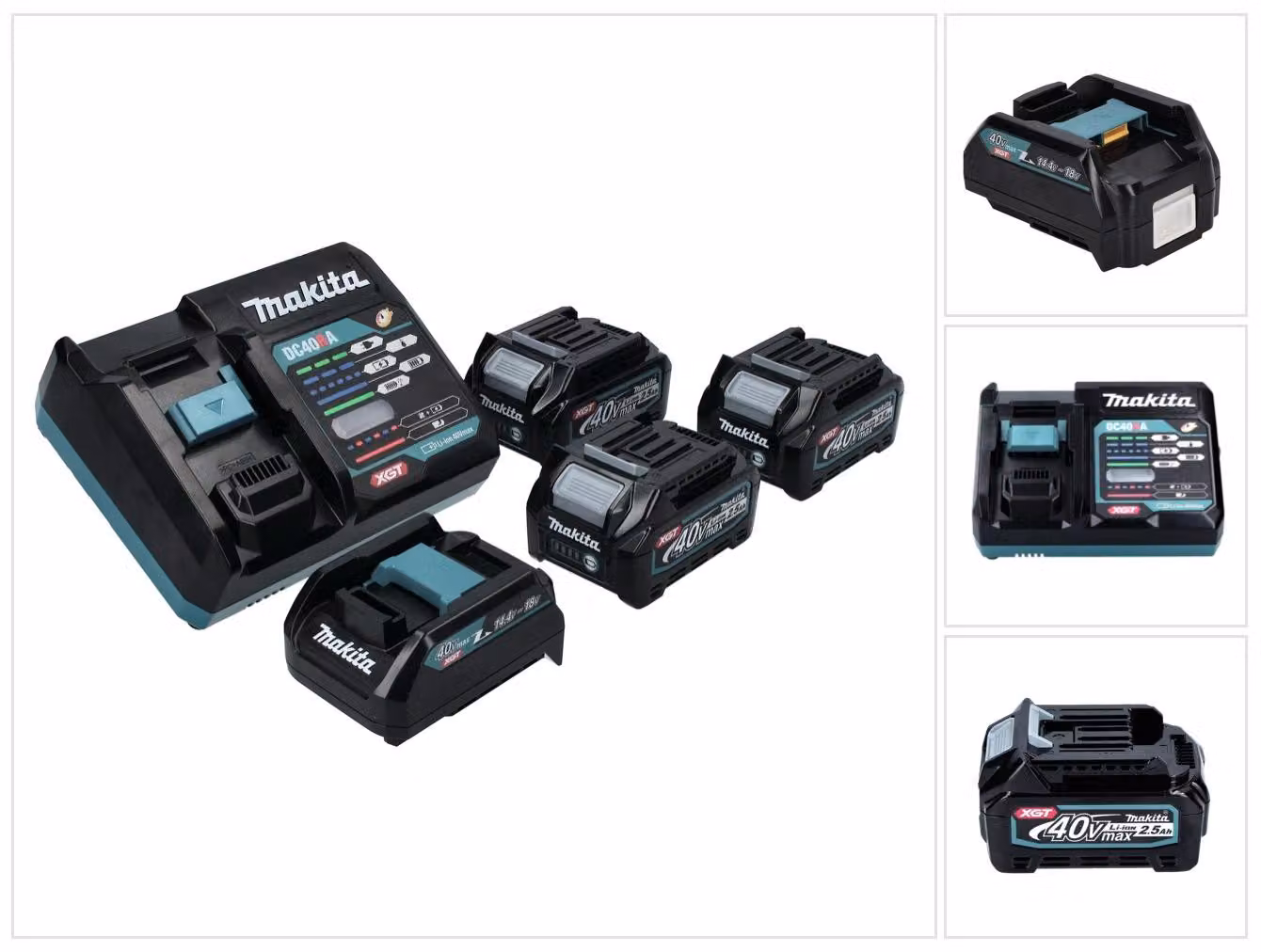 Kit alimentatore Makita 40 V max. con 3 batterie BL 4025 da 2,5 Ah (3x 191B36-3) + Caricabatterie rapido DC 40 RA ( 191E07-8 ) + Adattatore di ricarica ADP10 LXT su XGT 14,4 V 18 V ( 191C10-7 )