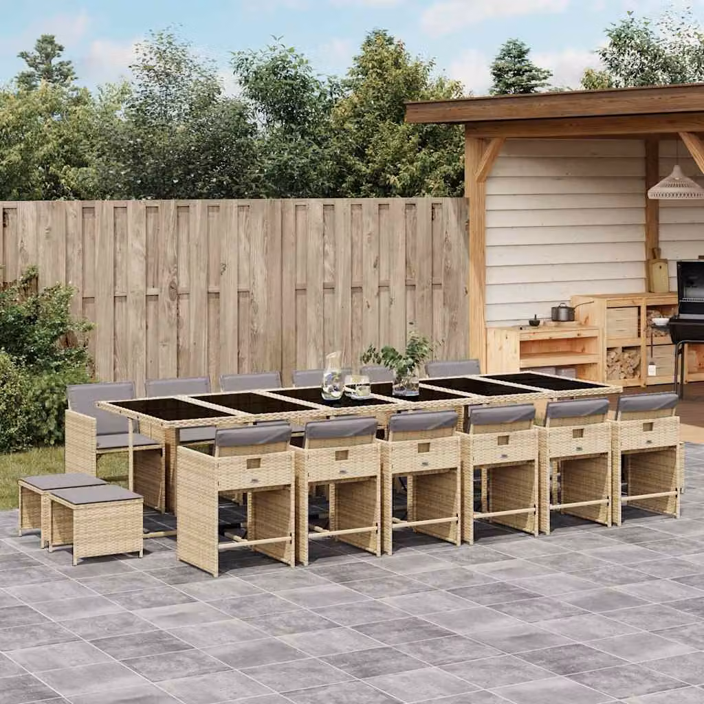 vidaXL Set Pranzo da Giardino 17 pz in Polyrattan con Cuscini Beige Misto e Piano in Vetro – 1