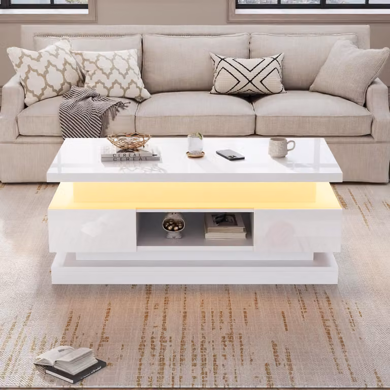 Tavolino da divano, dimensioni 100 x 50 x 40 cm, realizzato in pannello di particelle al 100%, colore bianco, con altezza regolabile, dotato di 2 cassetti, vano contenitore nascosto e illuminazione a LED
