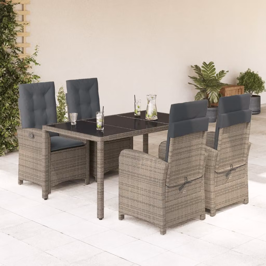Set da Pranzo da Giardino 5 pz vidaXL in Polyrattan Grigio con Cuscini e Tavolo in Vetro
