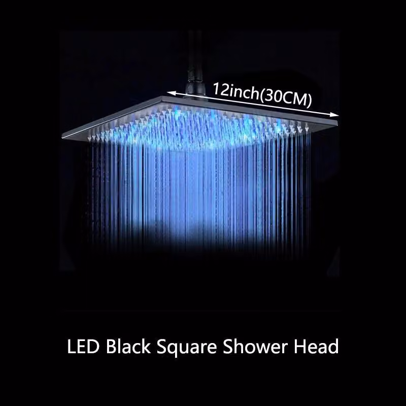 Testina doccia LED per doccia, quadrata, da montaggio a soffitto, 30 cm, in ottone, con cambio colore tramite luce alimentata dall'acqua - solo testina doccia - colore nero