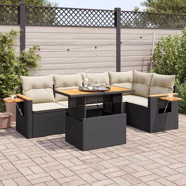 Set Divano da Giardino vidaXL 6 pz in Polyrattan e Legno di Acacia con Cuscini, Tavolino e Design a L, Nero e Bianco