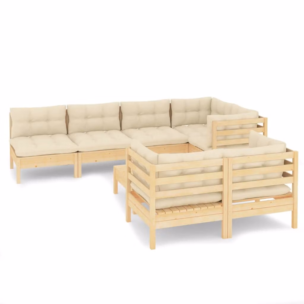 Set Divani da Giardino 8 pz con Cuscini Crema in Massello di Pino