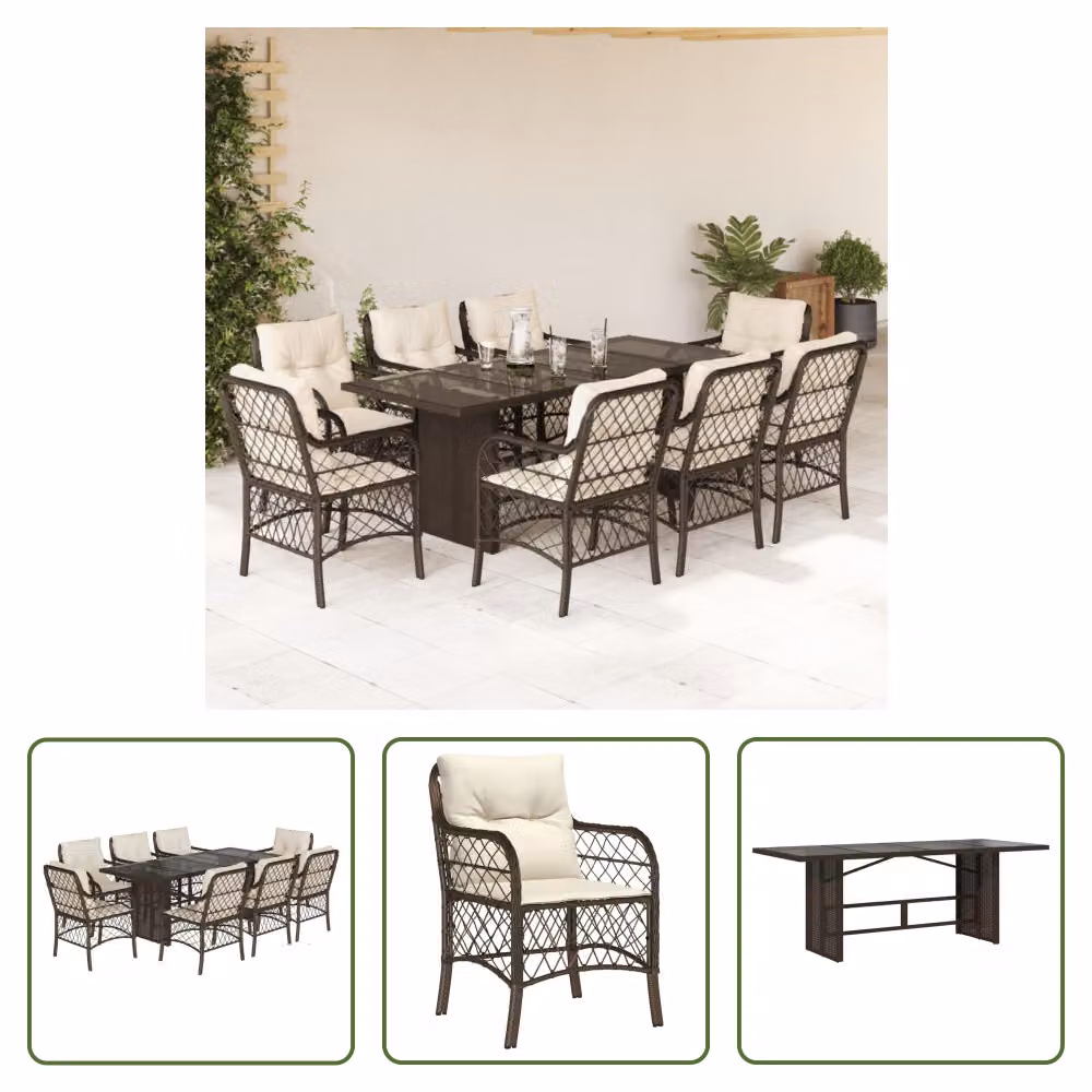 The Living Store Set da pranzo da giardino 9 pezzi con cuscini in polirattan marrone