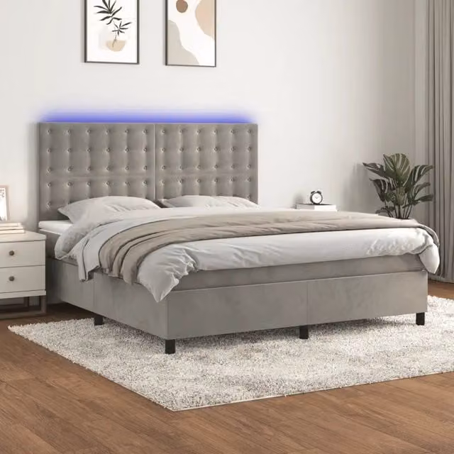 Letto matrimoniale con materasso ibrido vidaXL in velluto grigio chiaro con illuminazione LED e porte USB, L/P: 180 x 200 cm – 1