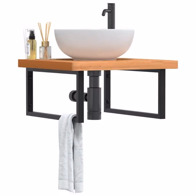 Ripiano a parete per lavabo vidaXL in legno di faggio e metallo nero e marrone L: 60 cm, P: 60 cm, H: 4 cm