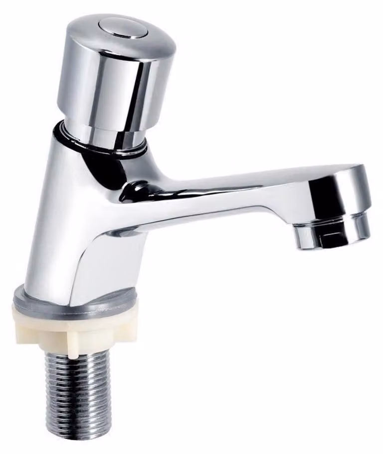 Miscelatore per lavabo a cascata, con ritardo nell'apertura, in cromo e acciaio inossidabile, con chiusura automatica