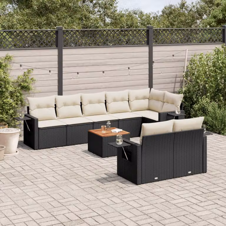 vidaXL Set Divani da Giardino 9 pz in Polyrattan con Cuscini e Tavolino da Esterno Nero
