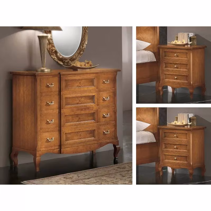 Set camera da letto classica in legno massello intarsiato con motivi geometrici Mobili 2G colore marrone – 2