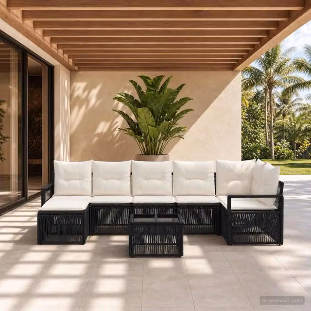 Set Divano da Giardino a L vidaXL in Polyrattan Nero con Cuscini e Tavolino da 8 Pezzi