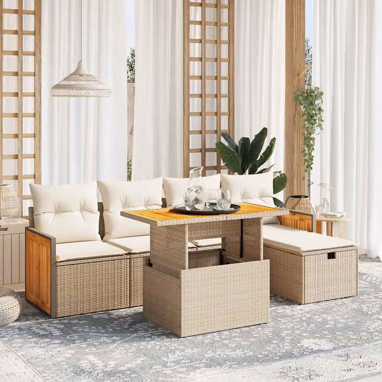 vidaXL Set Divano da Giardino a L in Polyrattan Beige con Cuscini e Tavolino da Esterno