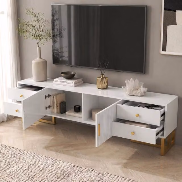 Mobile TV moderno 175 cm in MDF bianco con 4 cassetti; 2 ante e piedini dorati