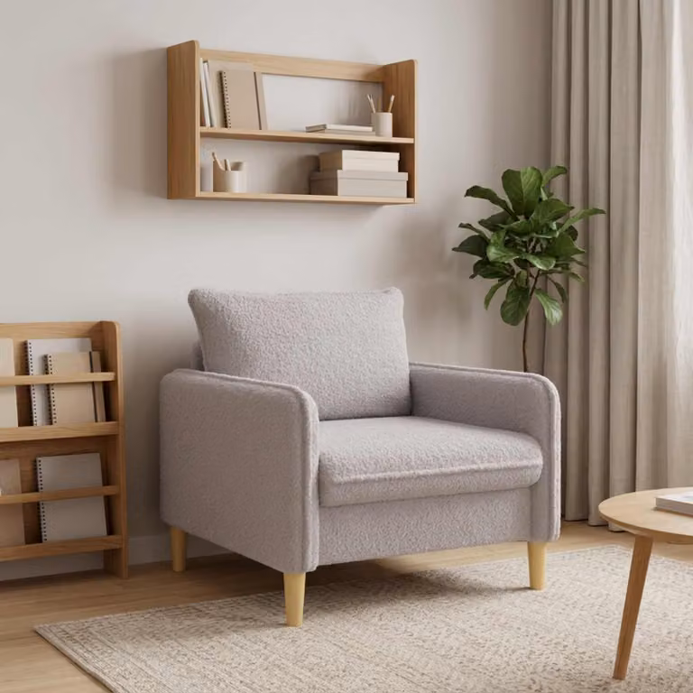 Poltrona XL vidaXL in tessuto bouclé grigio con braccioli e design moderno per soggiorno o camera da letto