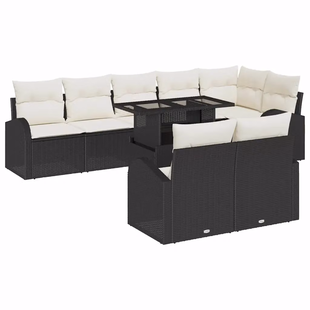 Set Divano da Giardino vidaXL 9 Pezzi a Forma di U con Tavolino e Cuscini, Nero e Beige – 2