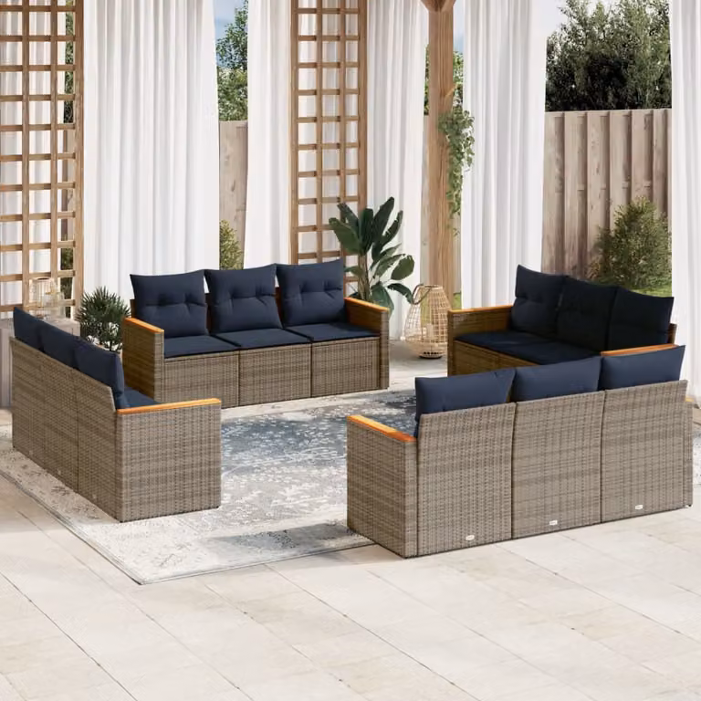 Set di divani da giardino vidaXL in polyrattan grigio e blu con cuscini, struttura in metallo e design moderno a forma di U per esterno