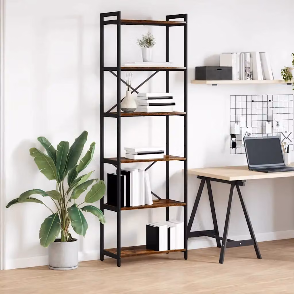 Libreria industrial vidaXL in legno e metallo, Rovere fumé e nero, L 60 cm x P 30 cm x H 189,5 cm