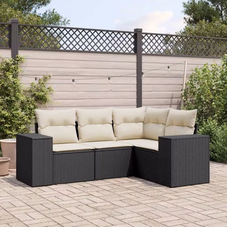 Set di divani da giardino vidaXL a forma di L composto da 4 pezzi in polyrattan nero con cuscini inclusi