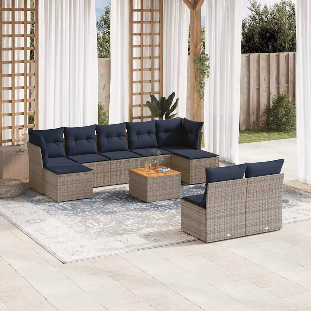 Set di divani da giardino vidaXL 10 pezzi in polyrattan e legno di acacia con cuscini grigi e blu