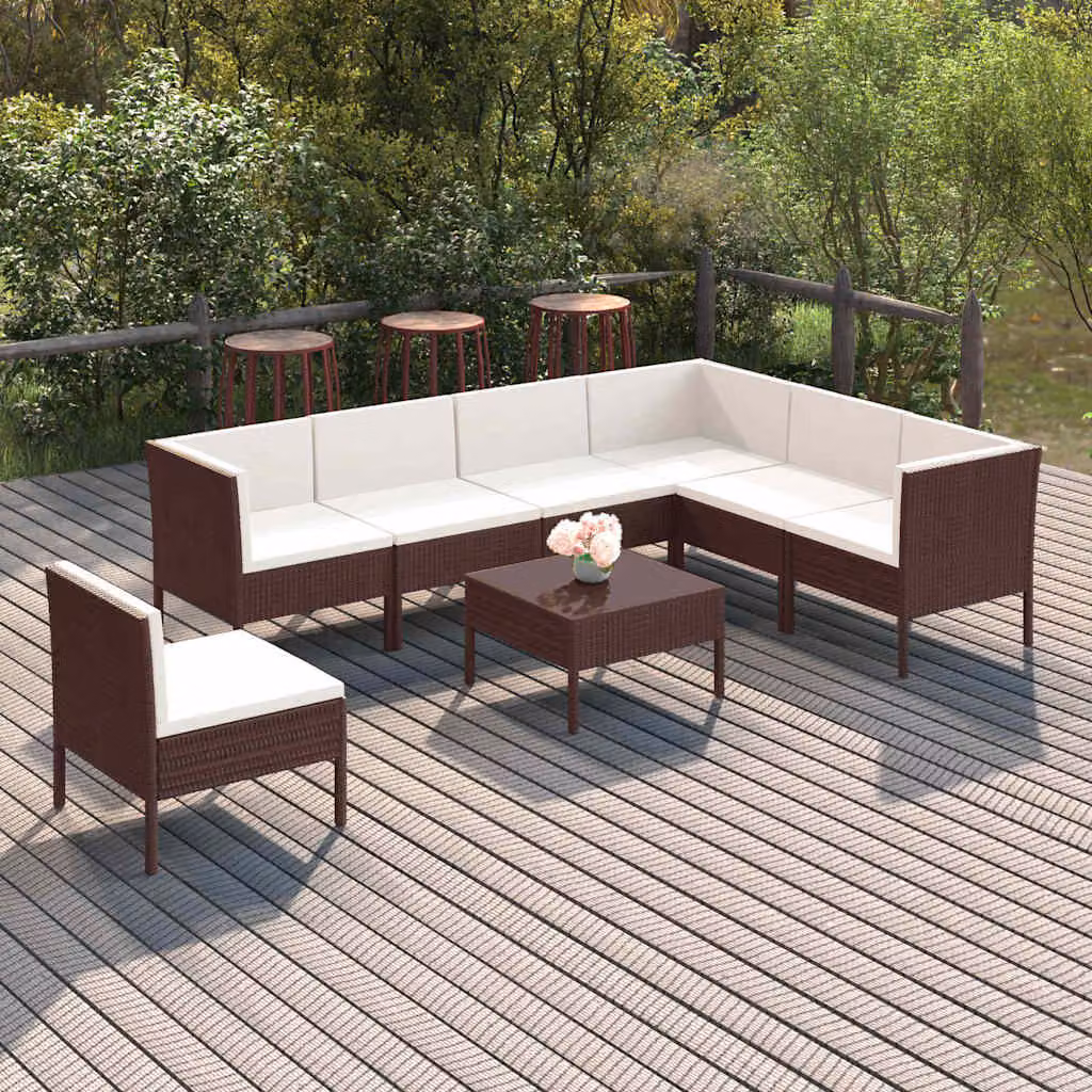 vidaXL Set Divani da Giardino 8 pz in Polyrattan Marrone e Bianco con Cuscini e Struttura in Acciaio Verniciato a Polvere