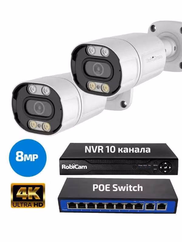 Kit 2 telecamere, POE, Bullet, 8MP, risoluzione 4K, registratore, NVR, switch PoE
