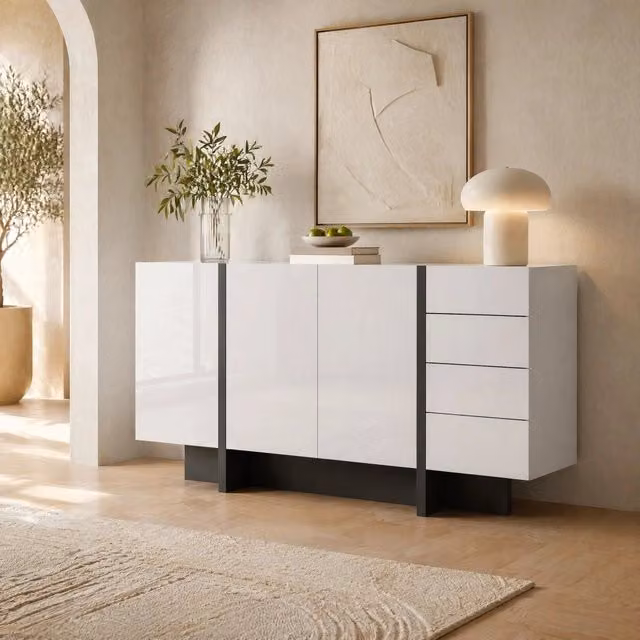 Sideboard moderno bianco lucido con 2 ante e 4 cassetti soft close L: 150 cm, H: 80,5 cm, P: 40 cm