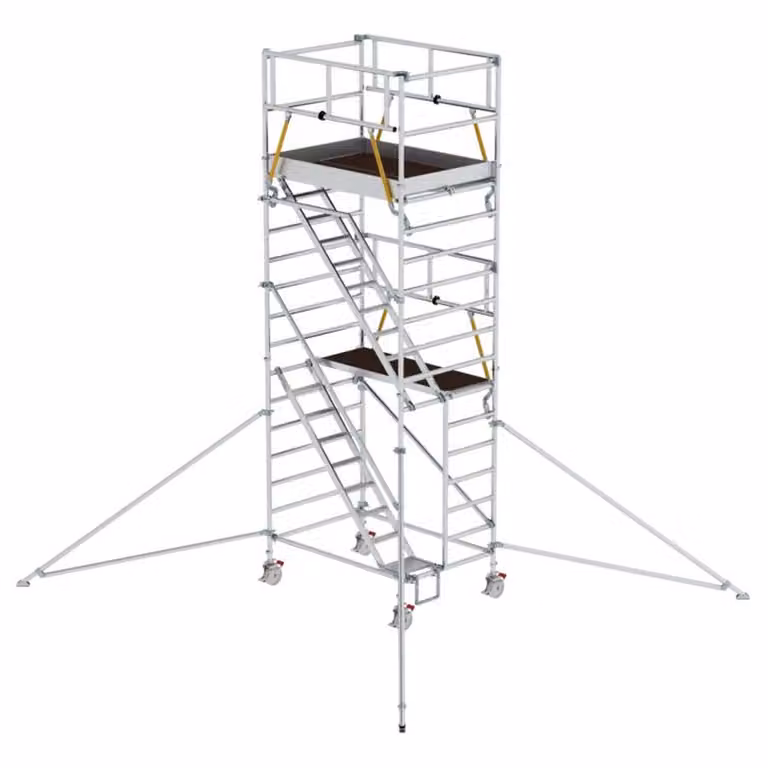 Ponteggio mobile SG 1,35 x 1,80 m con scale inclinate e bracci di sostegno; altezza della piattaforma 4,47 m