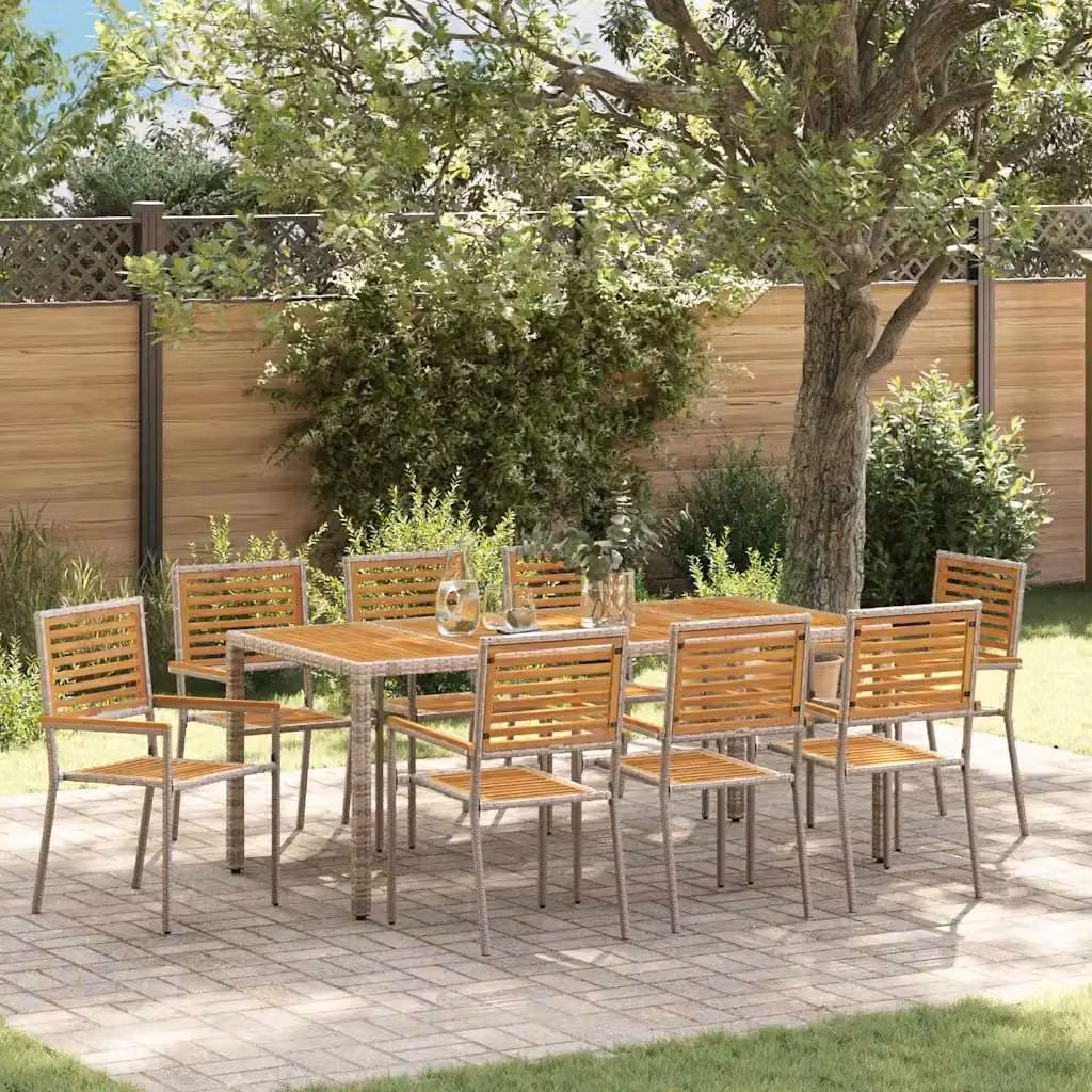 Set da pranzo per giardino vidaXL in polyrattan da 9 pezzi, colore grigio e marrone con tavolo in legno di acacia – 1