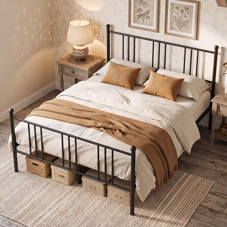 Struttura letto matrimoniale in metallo Costway con testiera e pediera, colore nero, portata 300 kg